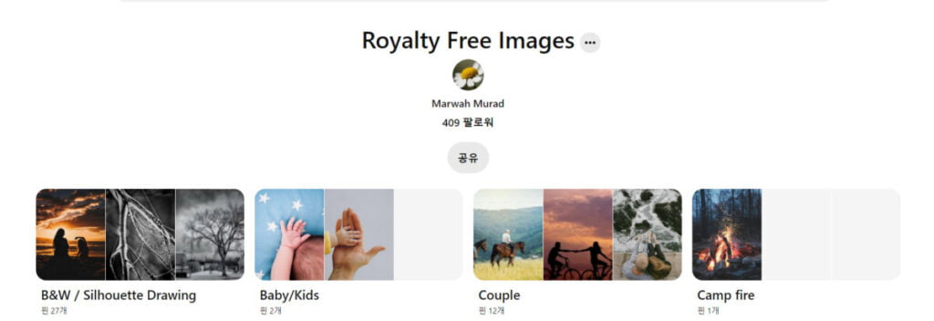 핀터레스트에 저작권 문제가 없는 사진을 모은 유저의 프로필