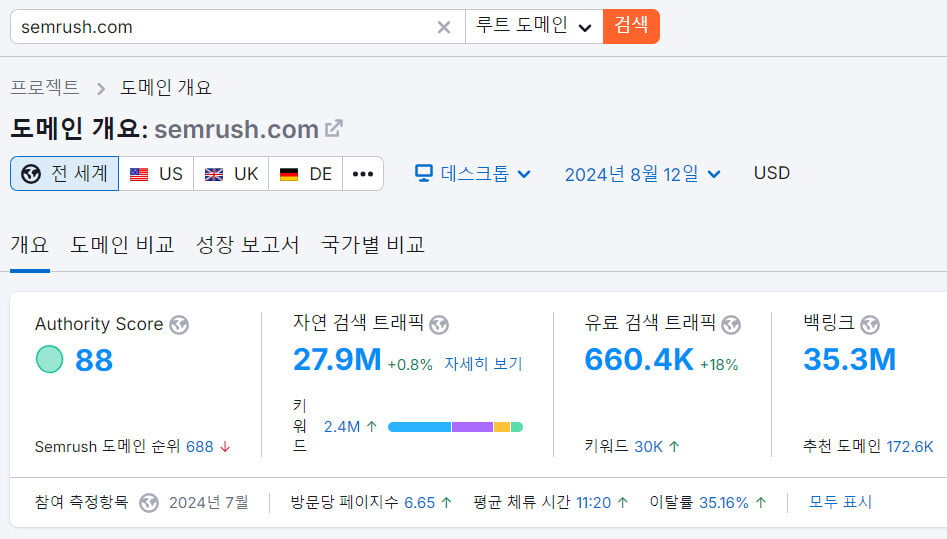 Semrush의 도메인 정보
